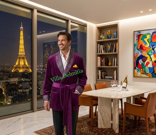 COTTON VELVET CLASSIC SMOKING JACKET FOR MAN FULLY LINED IN BEMBERG WITH PRINTED TWILL SILK CONTRASTS AND PIPING