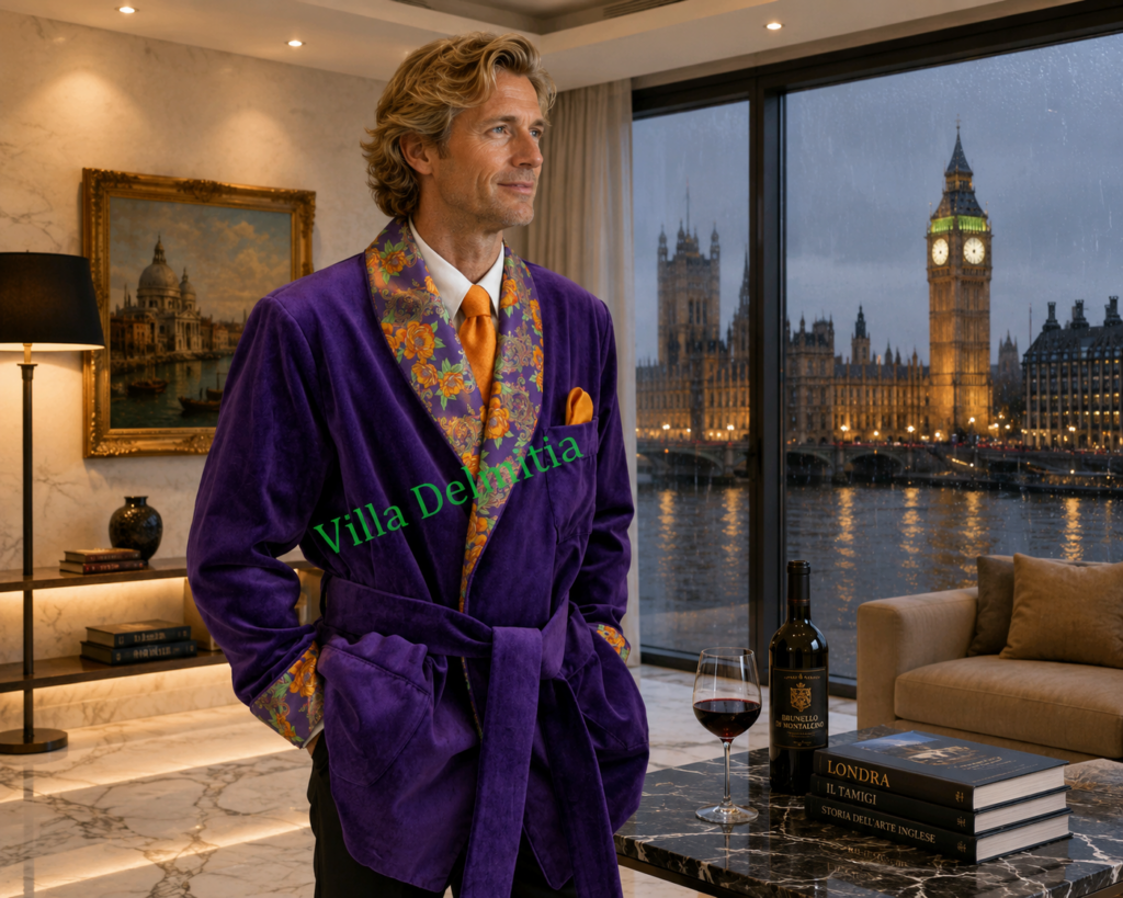 VESTE D'INTÉRIEUR CLASSIQUE POUR HOMME EN VELOURS DE COTON AVEC CONTRASTES EN SOIE TWILL IMPRIMÉE DOUBLURE BEMBERG ENTIÈRE ET PASSEPOIL TORSADE