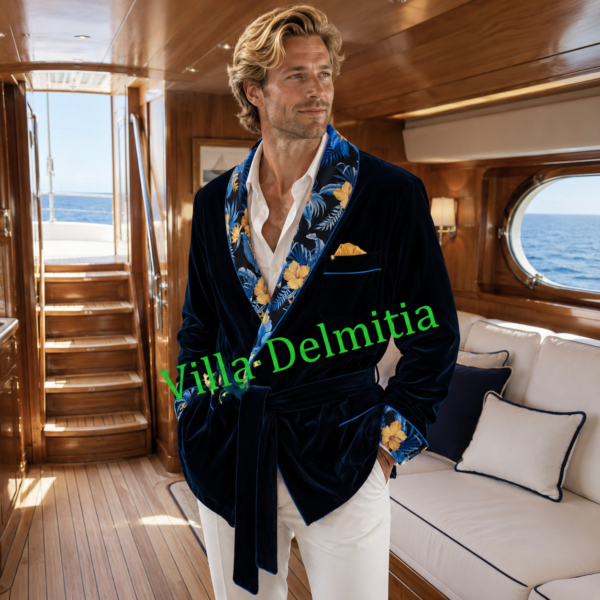 VESTE D'INTÉRIEUR CLASSIQUE POUR HOMME EN VELOURS DE COTON AVEC CONTRASTES EN SOIE TWILL IMPRIMÉE DOUBLURE BEMBERG ENTIÈRE ET PASSEPOIL TORSADE