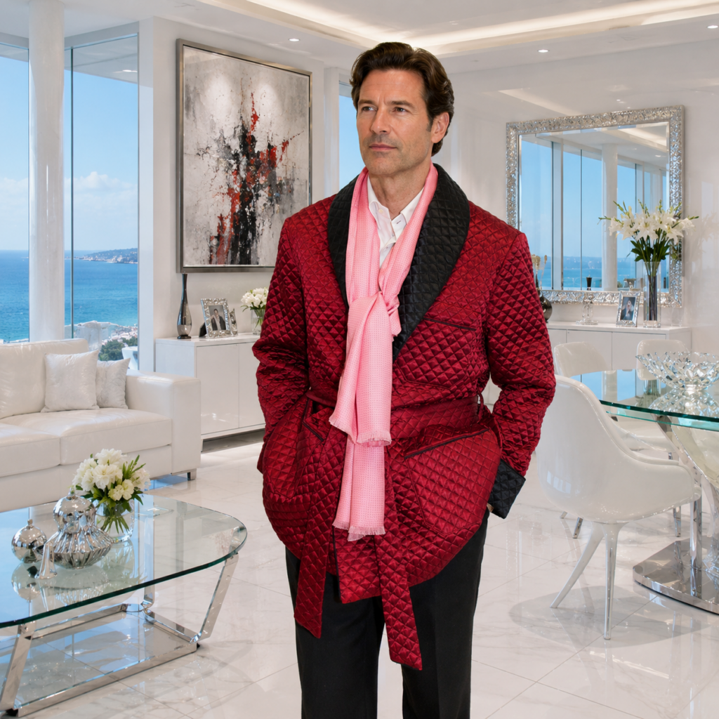 VESTE D'INTÉRIEUR CLASSIQUE POUR HOMME EN TISSU BEMBERG MATELASSÉ AVEC CONTRASTES EN BEMBERG MATELASSÉ, PASSEPOIL ET DOUBLURE COMPLÈTE EN BEMBERG
