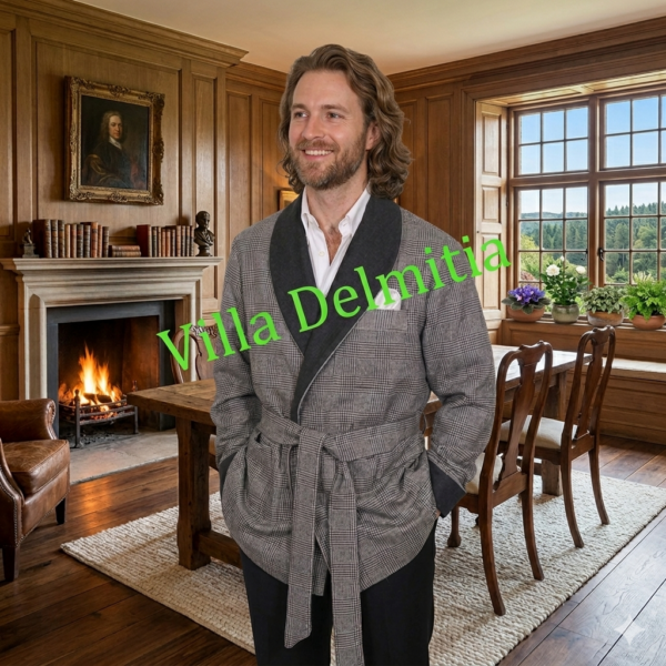 VESTE D'INTÉRIEUR CLASSIQUE POUR HOMME EN 5% CASHMERE-95% LAINE ITALIENNE AVEC CONTRASTES EN LAINE FLANELLE UNIE AVEC DOUBLURE ENTIÉRE EN SOIE SATIN IMPRIMÉE ET PASSEPOIL TORSADE
