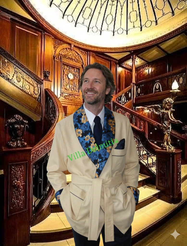 VESTE D'INTÉRIEUR CLASSIQUE POUR HOMME EN 100% CACHEMIRE ITALIEN AVEC CONTRASTES EN SOIE TWILL IMPRIMÉE ET PASSEPOIL EN SATIN