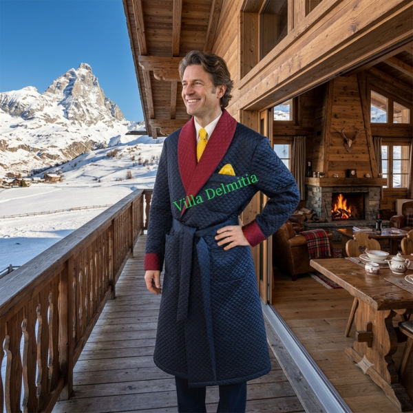 ROBE DE CHAMBRE CLASSIQUE POUR HOMME EN BEMBERG MATELASSÉ AVEC CONTRASTES EN BEMBERG MATELASSÉ, PASSEPOIL TORSADE ET DOUBLURE ENTIÈRE EN BEMBERG COORDONNÉE