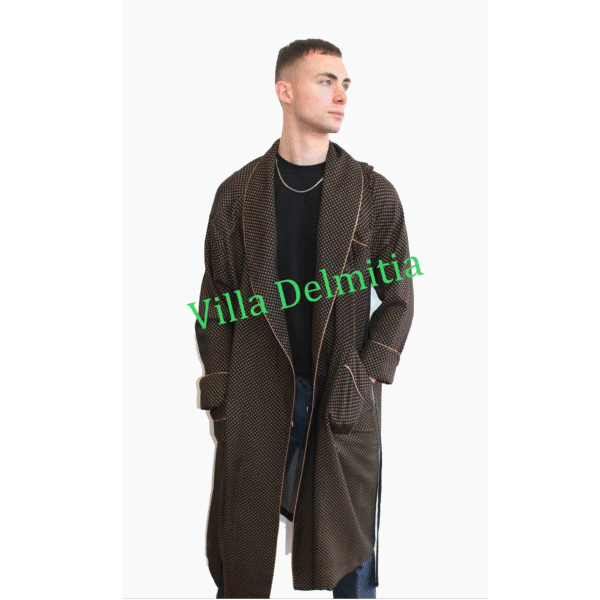 ROBE DE CHAMBRE CLASSIQUE POUR HOMME EN 100% LAINE ÉTAMINE IMPRIMÉE ITALIENNE AVEC PASSEPOIL