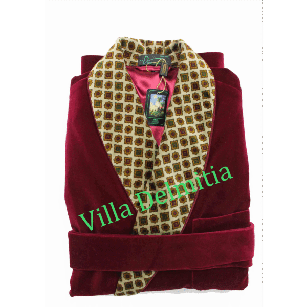 VESTE D'INTÉRIEUR CLASSIQUE POUR HOMME EN VELOURS DE COTON AVEC CONTRASTES EN VELOURS IMPRIMÉ DOUBLURE BEMBERG ENTIÈRE ET PASSEPOIL TORSADE
