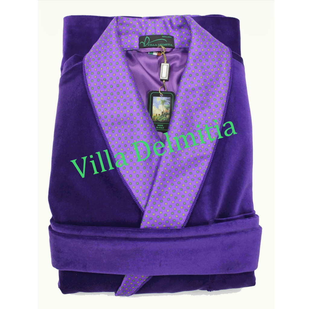 VESTE D'INTÉRIEUR CLASSIQUE POUR HOMME EN VELOURS DE COTON AVEC CONTRASTES EN SOIE TWILL IMPRIMÉE DOUBLURE BEMBERG ENTIÈRE ET PASSEPOIL TORSADE