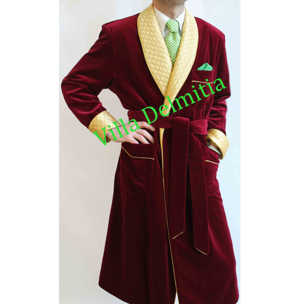 ROBE DE CHAMBRE CLASSIQUE POUR HOMME EN VELOURS DE COTON AVEC CONTRASTES EN SOIE SATIN MATELASSEE DOUBLURE BEMBERG ENTIERE ET PASSEPOIL TORSADE