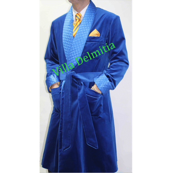 COTTON VELVET DRESSING GOWN FOR MAN FULLY LINED IN BEMBERG WITH QUILTED SOLID SATIN SILK CONTRASTS AND PIPING