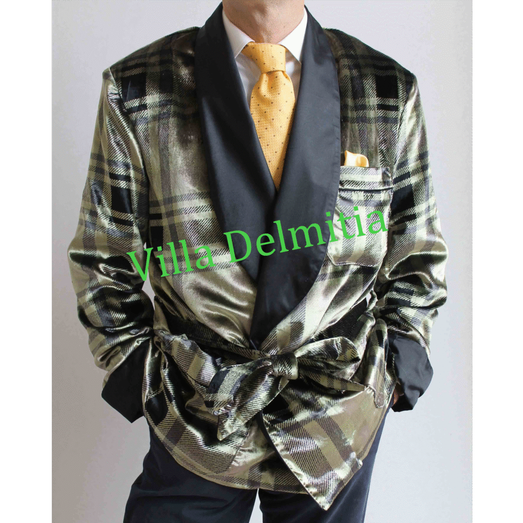 VESTE D'INTÉRIEUR CLASSIQUE POUR HOMME EN VELOURS IMPRIMÉ SOIE/VISCOSE AVEC CONTRASTES EN SOIE SATIN, PASSEPOIL ET DOUBLURE ENTIÈRE BEMBERG