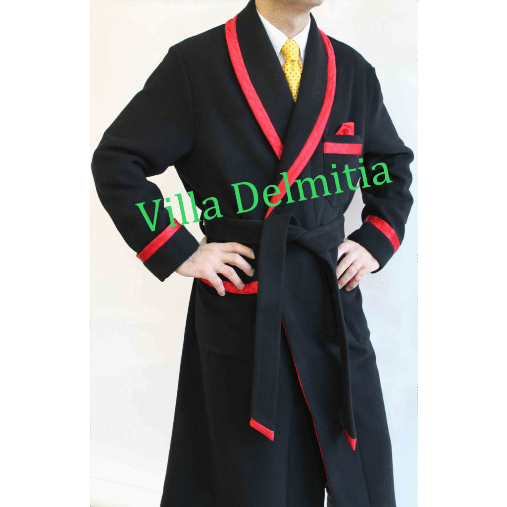 ROBE DE CHAMBRE CLASSIQUE POUR HOMME EN 5% CACHEMIRE-95% LAINE AVEC PASSEPOIL EN SOIE SATIN MATELASSEE ET DOUBLURE EN BEMBERG