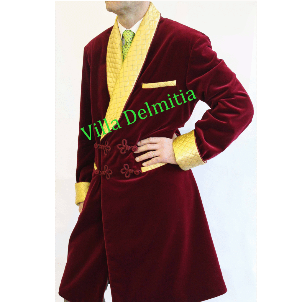 VESTE D'INTERIEUR LONGUE POUR HOMME EN VELOURS DE COTON AVEC CONTRASTES EN SOIE SATIN MATELASSEE ET BRANDEBOURGS