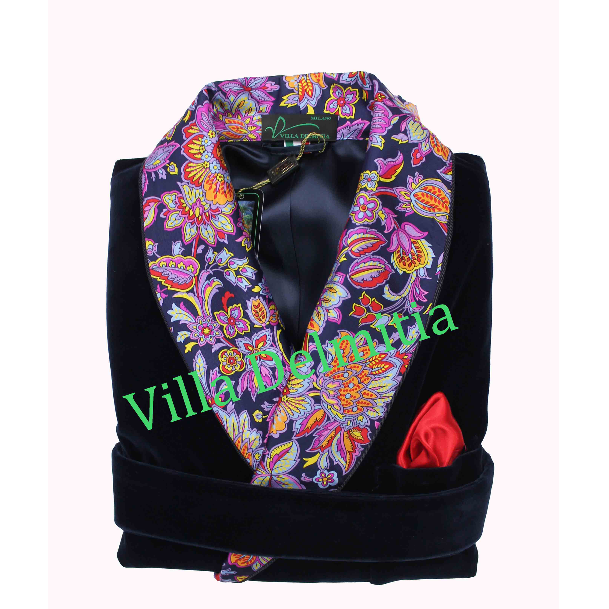 GIACCA DA CAMERA CLASSICA DA UOMO IN VELLUTO DI COTONE CON CONTRASTI IN SETA TWILL STAMPATA FODERA BEMBERG INTERA E PROFILO CORDONETTO