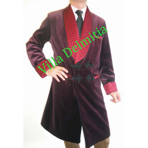 VESTE D'INTERIEUR LONGUE POUR HOMME EN VELOURS DE COTON AVEC CONTRASTES EN SOIE SATIN MATELASEE ET BRANDENBOURGS