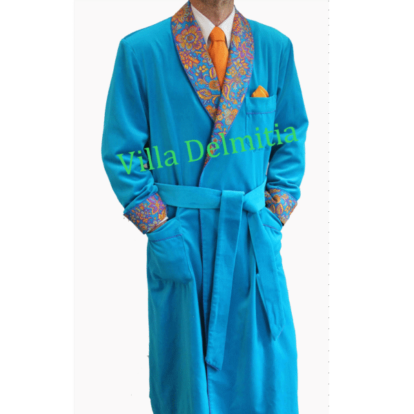VESTAGLIA CLASSICA DA UOMO IN VELLUTO DI COTONE CON CONTRASTI IN SETA TWILL STAMPATA FODERA BEMBERG INTERA E PROFILO CORDONETTO