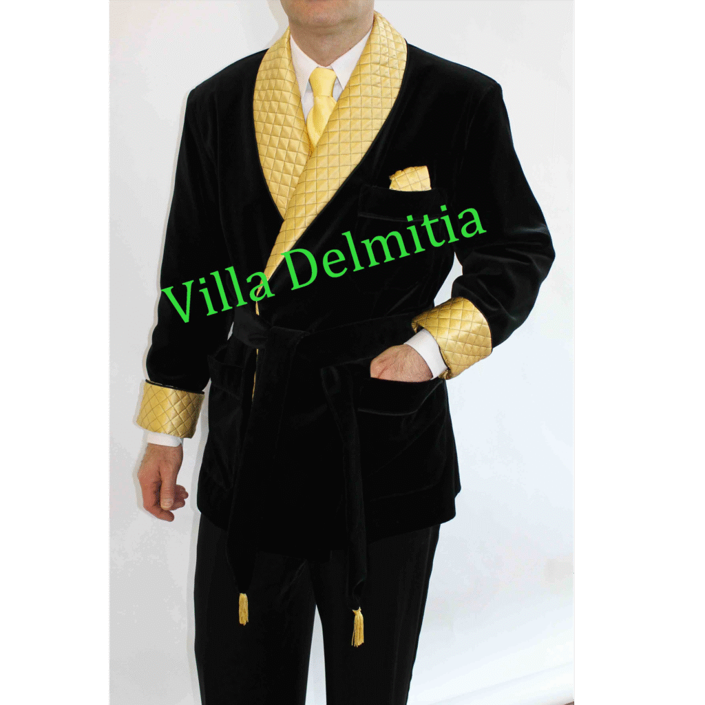 VESTE D'INTERIEUR EN VELOURS DE COTON AVEC CONTRASTES EN 100% SOIE SATIN MATELASSE' DOUBLURE ENTIERE