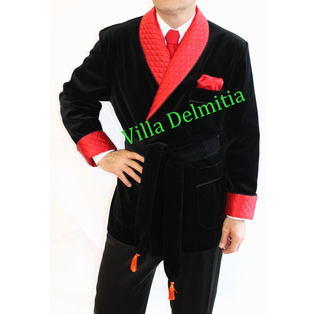VESTE D'INTERIEUR EN VELOURS DE COTON AVEC CONTRASTES EN 100% SOIE SATIN MATELASSE' DOUBLURE ENTIERE