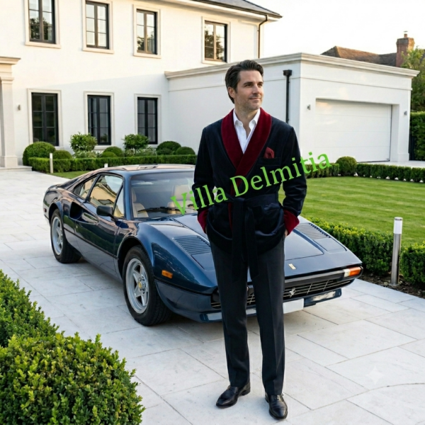 VESTE D'INTÉRIEUR CLASSIQUE POUR HOMME EN VELOURS DE COTON IMPRIMÉ DESSIN FINE CHEVRONS TON SUR TON AVEC CONTRASTES EN VELOURS DOUBLURE BEMBERG ENTIÈRE ET PASSEPOIL TORSADE