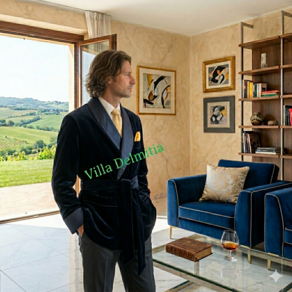 VESTE D'INTÉRIEUR CLASSIQUE POUR HOMME EN VELOURS DE COTON AVEC CONTRASTES EN SOIE SATIN AVEC PASSEPOIL ET DOUBLURE ENTIÈRE EN BEMBERG