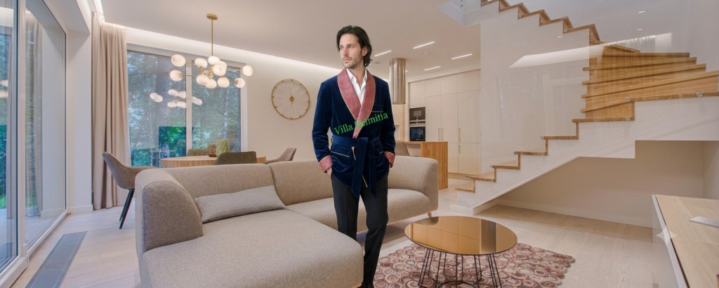 VESTE D'INTÉRIEUR CLASSIQUE POUR HOMME EN VELOURS DE COTON AVEC CONTRASTES EN SOIE TWILL IMPRIMÉE DOUBLURE BEMBERG ENTIÈRE ET PASSEPOIL TORSADE