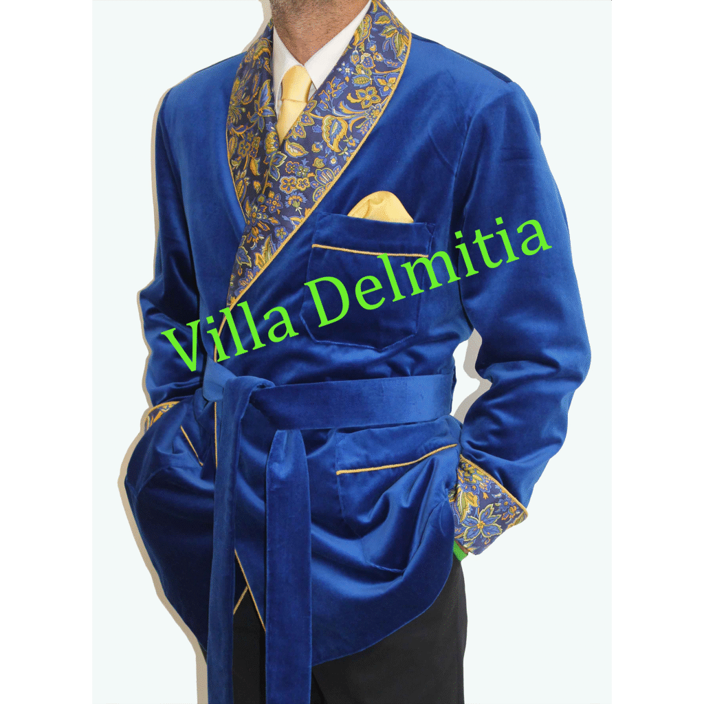 VESTE D'INTÉRIEUR CLASSIQUE POUR HOMME EN VELOURS DE COTON AVEC CONTRASTES EN SOIE TWILL IMPRIMÉE DOUBLURE BEMBERG ENTIÈRE ET PASSEPOIL TORSADE