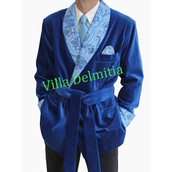 VESTE D'INTÉRIEUR CLASSIQUE POUR HOMME EN VELOURS DE COTON AVEC CONTRASTES EN SOIE TWILL IMPRIMÉE DOUBLURE BEMBERG ENTIÈRE ET PASSEPOIL TORSADE