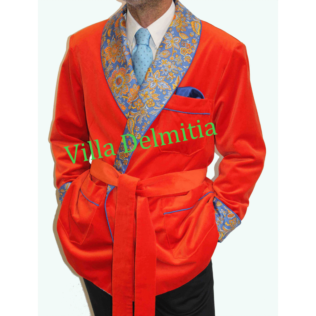 VESTE D'INTÉRIEUR CLASSIQUE POUR HOMME EN VELOURS DE COTON AVEC CONTRASTES EN SOIE TWILL IMPRIMÉE DOUBLURE BEMBERG ENTIÈRE ET PASSEPOIL TORSADE