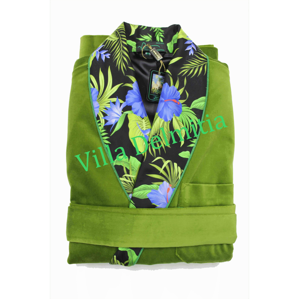 VESTE D'INTÉRIEUR CLASSIQUE POUR HOMME EN VELOURS DE COTON AVEC CONTRASTES EN SOIE TWILL IMPRIMÉE DOUBLURE BEMBERG ENTIÈRE ET PASSEPOIL TORSADE