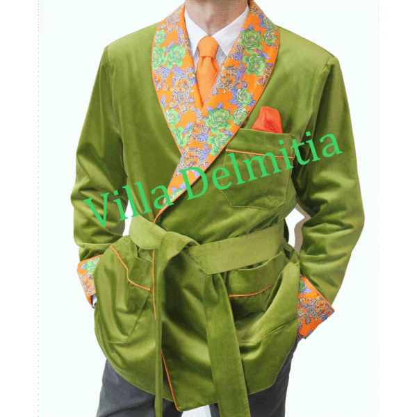 VESTE D'INTÉRIEUR CLASSIQUE POUR HOMME EN VELOURS DE COTON AVEC CONTRASTES EN SOIE TWILL IMPRIMÉE DOUBLURE BEMBERG ENTIÈRE ET PASSEPOIL TORSADE