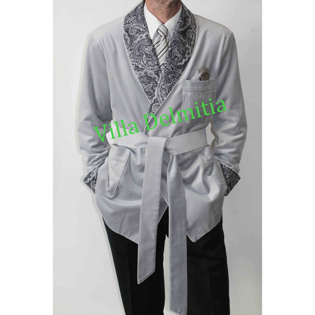 VESTE D'INTÉRIEUR CLASSIQUE POUR HOMME EN VELOURS DE COTON AVEC CONTRASTES EN SOIE TWILL IMPRIMÉE DOUBLURE BEMBERG ENTIÈRE ET PASSEPOIL TORSADE
