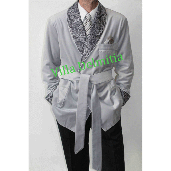 VESTE D'INTÉRIEUR CLASSIQUE POUR HOMME EN VELOURS DE COTON AVEC CONTRASTES EN SOIE TWILL IMPRIMÉE DOUBLURE BEMBERG ENTIÈRE ET PASSEPOIL TORSADE