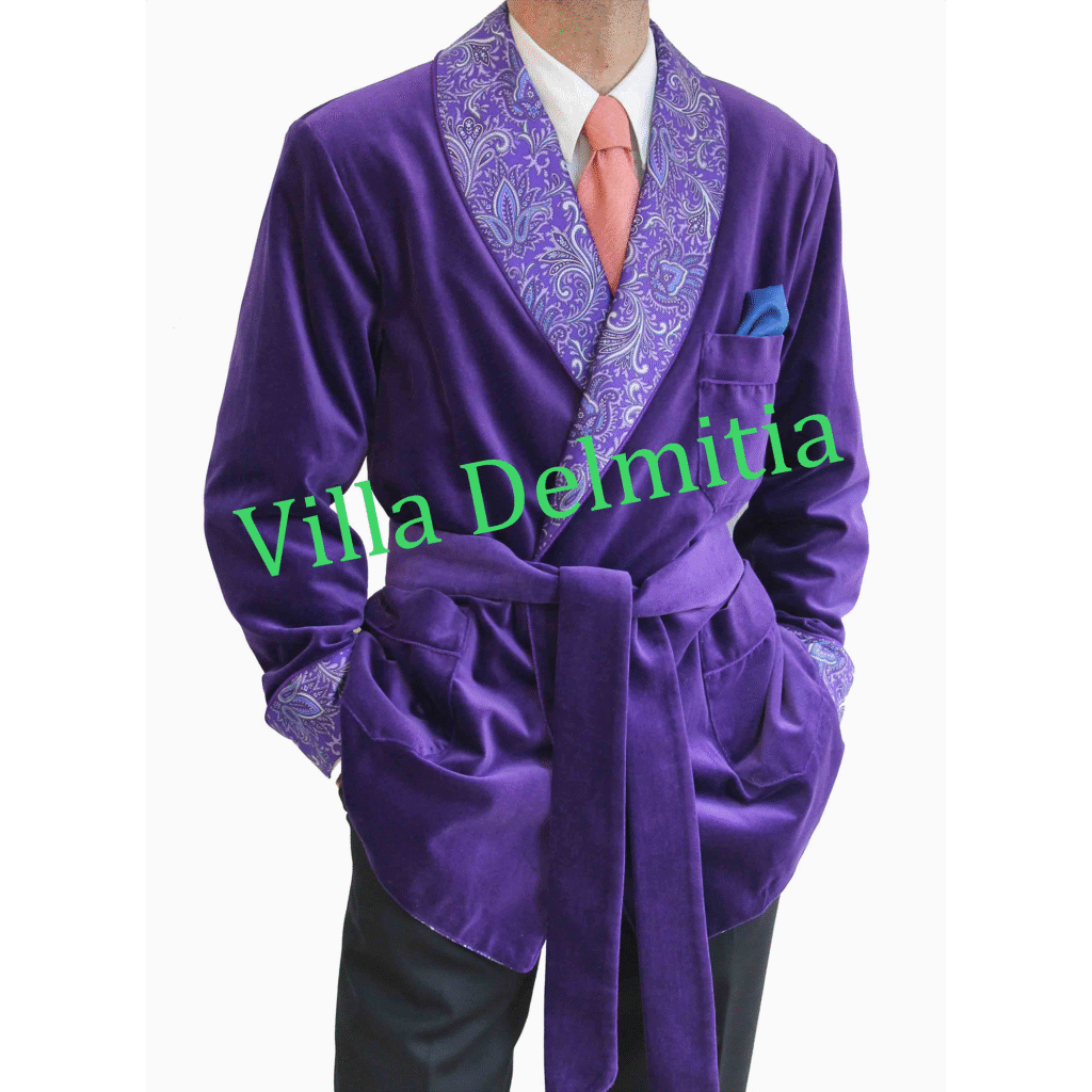 VESTE D'INTÉRIEUR CLASSIQUE POUR HOMME EN VELOURS DE COTON AVEC CONTRASTES EN SOIE TWILL IMPRIMÉE DOUBLURE BEMBERG ENTIÈRE ET PASSEPOIL TORSADE