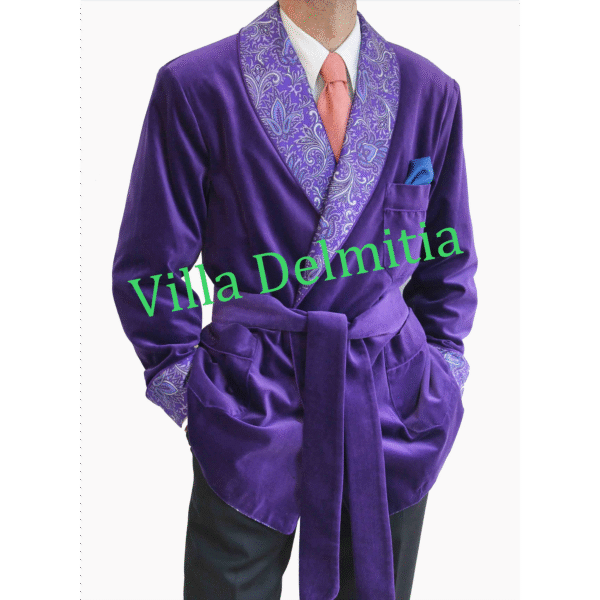 VESTE D'INTÉRIEUR CLASSIQUE POUR HOMME EN VELOURS DE COTON AVEC CONTRASTES EN SOIE TWILL IMPRIMÉE DOUBLURE BEMBERG ENTIÈRE ET PASSEPOIL TORSADE