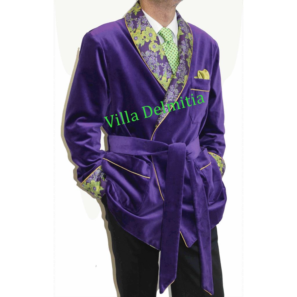 VESTE D'INTÉRIEUR CLASSIQUE POUR HOMME EN VELOURS DE COTON AVEC CONTRASTES EN SOIE TWILL IMPRIMÉE DOUBLURE BEMBERG ENTIÈRE ET PASSEPOIL TORSADE