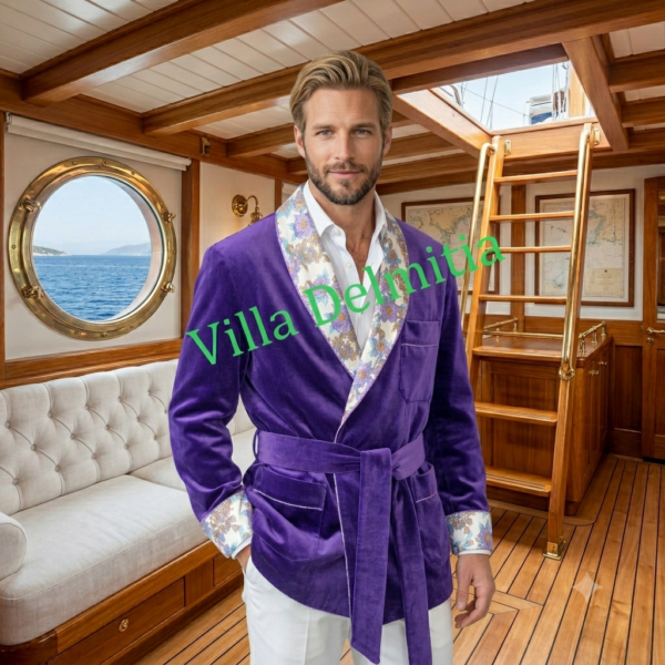 VESTE D'INTÉRIEUR CLASSIQUE POUR HOMME EN VELOURS DE COTON AVEC CONTRASTES EN SOIE TWILL IMPRIMÉE DOUBLURE BEMBERG ENTIÈRE ET PASSEPOIL TORSADE
