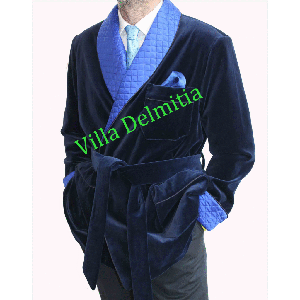 VESTE D'INTERIEUR CLASSIQUE POUR HOMME EN VELOURS DE COTON AVEC CONTRASTES EN SOIE SATIN MATELASSÉE,PASSEPOIL,DOUBLURE EN BEMBERG