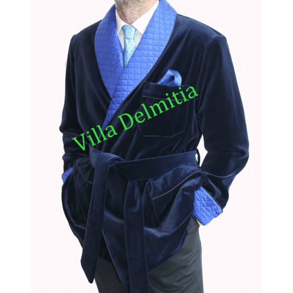 VESTE D'INTERIEUR CLASSIQUE POUR HOMME EN VELOURS DE COTON AVEC CONTRASTES EN SOIE SATIN MATELASSÉE,PASSEPOIL,DOUBLURE EN BEMBERG
