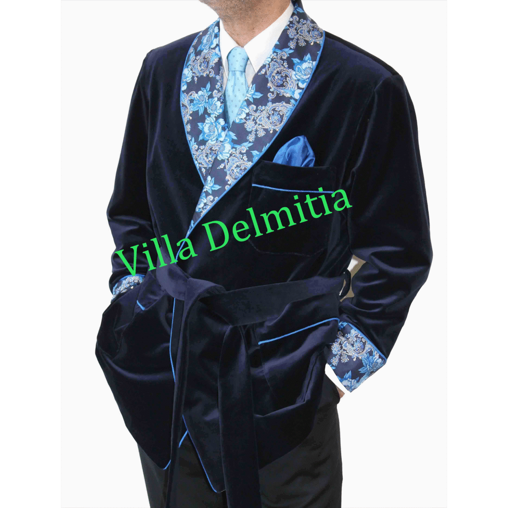 VESTE D'INTÉRIEUR CLASSIQUE POUR HOMME EN VELOURS DE COTON AVEC CONTRASTES EN SOIE TWILL IMPRIMÉE DOUBLURE BEMBERG ENTIÈRE ET PASSEPOIL TORSADE
