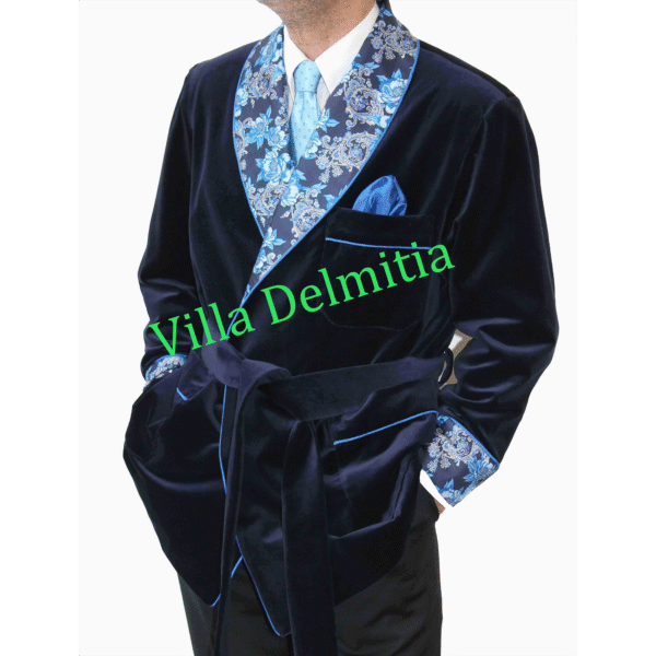VESTE D'INTÉRIEUR CLASSIQUE POUR HOMME EN VELOURS DE COTON AVEC CONTRASTES EN SOIE TWILL IMPRIMÉE DOUBLURE BEMBERG ENTIÈRE ET PASSEPOIL TORSADE