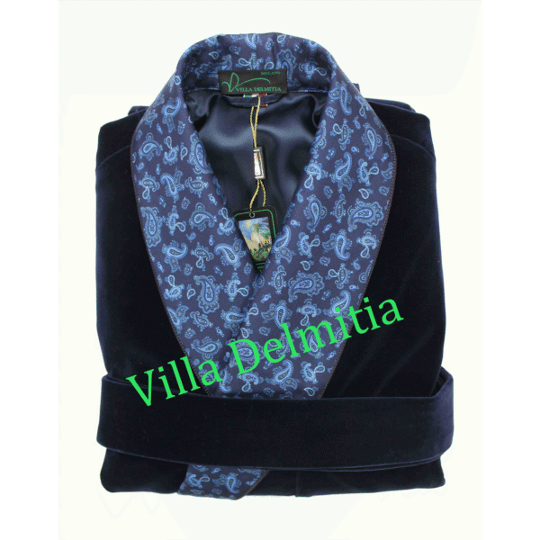 VESTE D'INTÉRIEUR CLASSIQUE POUR HOMME EN VELOURS DE COTON AVEC CONTRASTES EN SOIE TWILL IMPRIMÉE DOUBLURE BEMBERG ENTIÈRE ET PASSEPOIL TORSADE