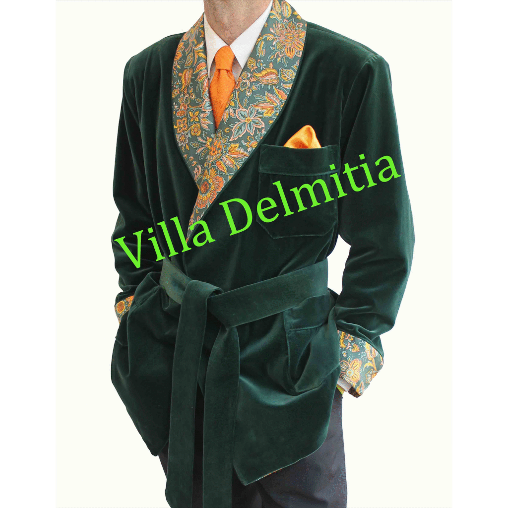 VESTE D'INTÉRIEUR CLASSIQUE POUR HOMME EN VELOURS DE COTON AVEC CONTRASTES EN SOIE TWILL IMPRIMÉE DOUBLURE BEMBERG ENTIÈRE ET PASSEPOIL TORSADE