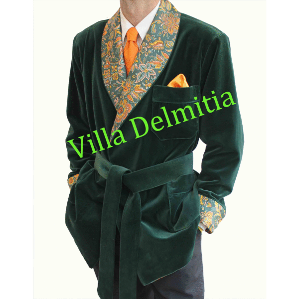 VESTE D'INTÉRIEUR CLASSIQUE POUR HOMME EN VELOURS DE COTON AVEC CONTRASTES EN SOIE TWILL IMPRIMÉE DOUBLURE BEMBERG ENTIÈRE ET PASSEPOIL TORSADE