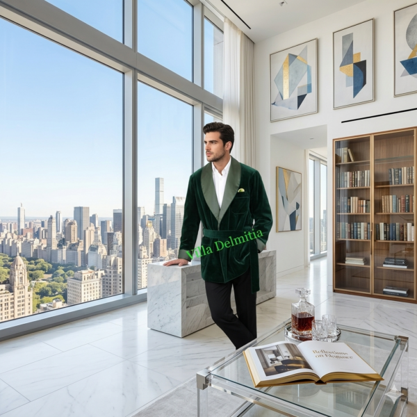 VESTE D'INTÉRIEUR CLASSIQUE POUR HOMME EN VELOURS DE COTON AVEC CONTRASTES EN SOIE SATIN UNI AVEC PASSEPOIL ET DOUBLURE ENTIÈRE EN BEMBERG