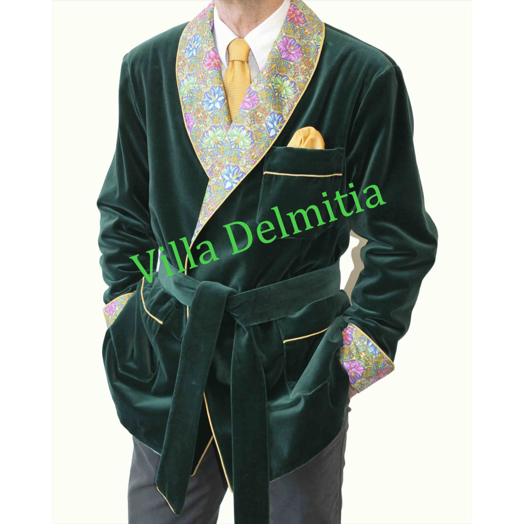 VESTE D'INTÉRIEUR CLASSIQUE POUR HOMME EN VELOURS DE COTON AVEC CONTRASTES EN SOIE TWILL IMPRIMÉE DOUBLURE BEMBERG ENTIÈRE ET PASSEPOIL TORSADE