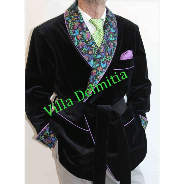 GIACCA DA CAMERA CLASSICA DA UOMO IN VELLUTO DI COTONE CON CONTRASTI IN SETA TWILL STAMPATA FODERA BEMBERG INTERA E PROFILO CORDONETTO