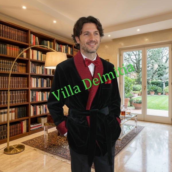 VESTE D'INTERIEUR EN VELOURS DE COTON AVEC CONTRASTES EN 100% SOIE SATIN MATELASSE' DOUBLURE ENTIERE ET PASSEPOIL
