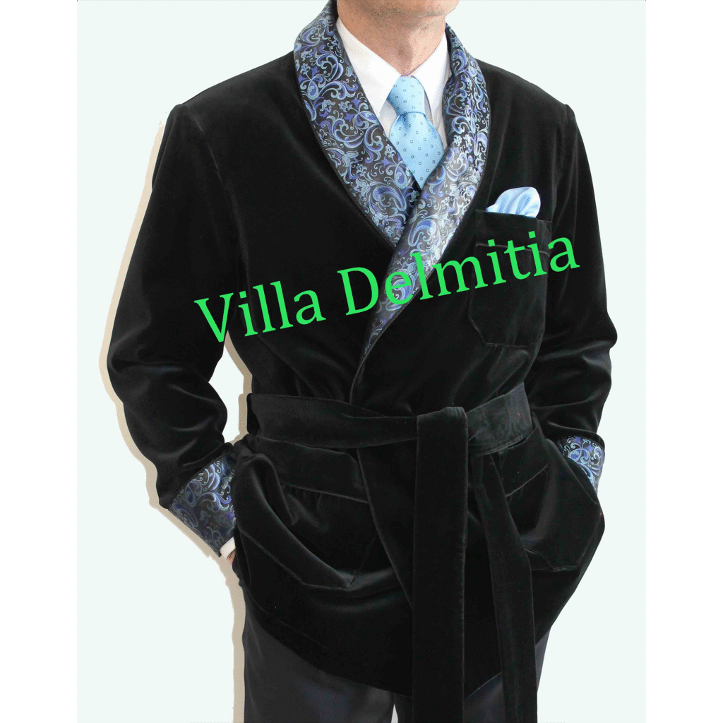 VESTE D'INTÉRIEUR POUR HOMME EN VELOURS DE COTON AVEC CONTRASTES EN SOIE JACQUARD AVEC PASSEPOIL TORSADE ET DOUBLURE ENTIÈRE EN BEMBERG