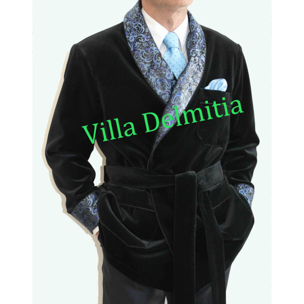 VESTE D'INTÉRIEUR POUR HOMME EN VELOURS DE COTON AVEC CONTRASTES EN SOIE JACQUARD AVEC PASSEPOIL TORSADE ET DOUBLURE ENTIÈRE EN BEMBERG