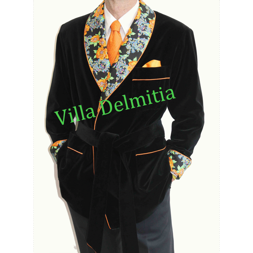 VESTE D'INTÉRIEUR CLASSIQUE POUR HOMME EN VELOURS DE COTON AVEC CONTRASTES EN SOIE TWILL IMPRIMÉE DOUBLURE BEMBERG ENTIÈRE ET PASSEPOIL TORSADE