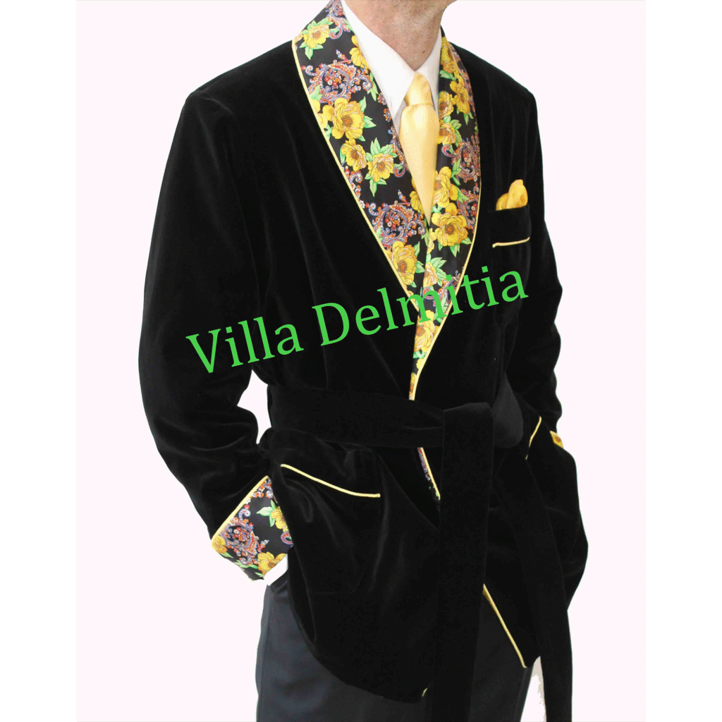 VESTE D'INTÉRIEUR CLASSIQUE POUR HOMME EN VELOURS DE COTON AVEC CONTRASTES EN SOIE TWILL IMPRIMÉE DOUBLURE BEMBERG ENTIÈRE ET PASSEPOIL TORSADE