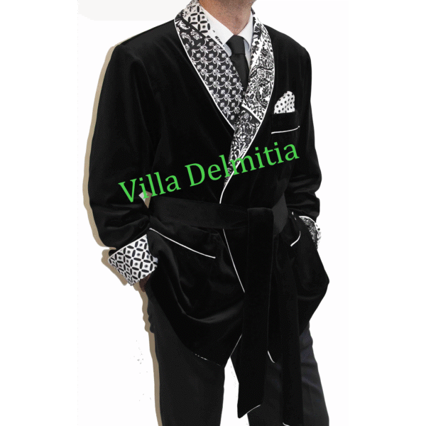 VESTE D'INTÉRIEUR CLASSIQUE POUR HOMME EN VELOURS DE COTON AVEC CONTRASTES EN SOIE TWILL IMPRIMÉE DOUBLURE BEMBERG ENTIÈRE ET PASSEPOIL TORSADE